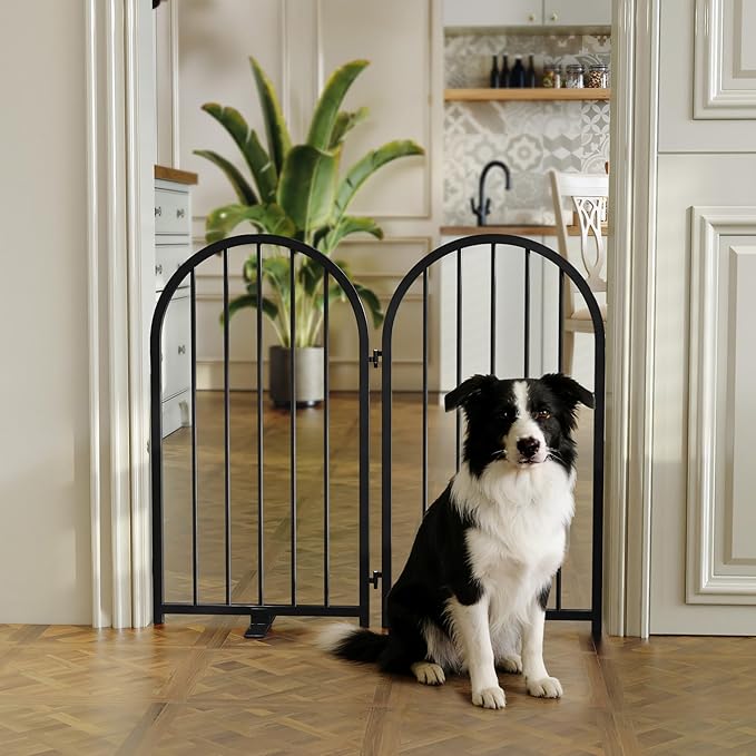 Full Metal Dog Gate for Indoor Outdoor, 32" Tall Free Standing Pet Dog Fence, 36" Wide Arched Pet Gates for Stairs, Hallways, Doorways, Kitchen, Decks, Yards (Black, 2 Panels)