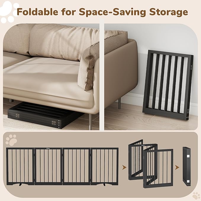 Free Standing Dog Gate Indoor, Foldable Dog Gate for Doorways Stairs Hallways,4-Panel Freestanding Pet Gate with Support Feet for Stability, Folding Puppy Gate Easy to Move, Doggy Gate 72"x24"