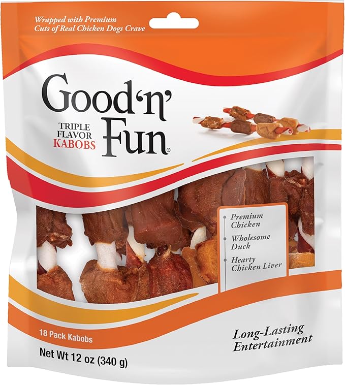 Good ’n’ Fun Triple Flavor Kabobs 18 Count, Rawhide Snack for All Dogs (3 Pack)