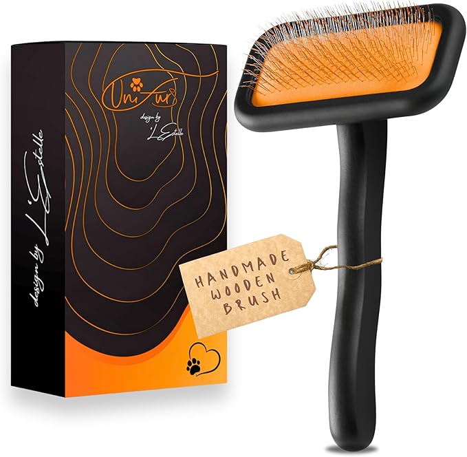 Black Medium Dog Slicker Brush for Dogs and Cats Grooming | Detangle, Fluff & Volumize | Soft Vented Cushion | Matt Rubberized Paint | Ergonomic Handle | Wire Brush | Orange Details