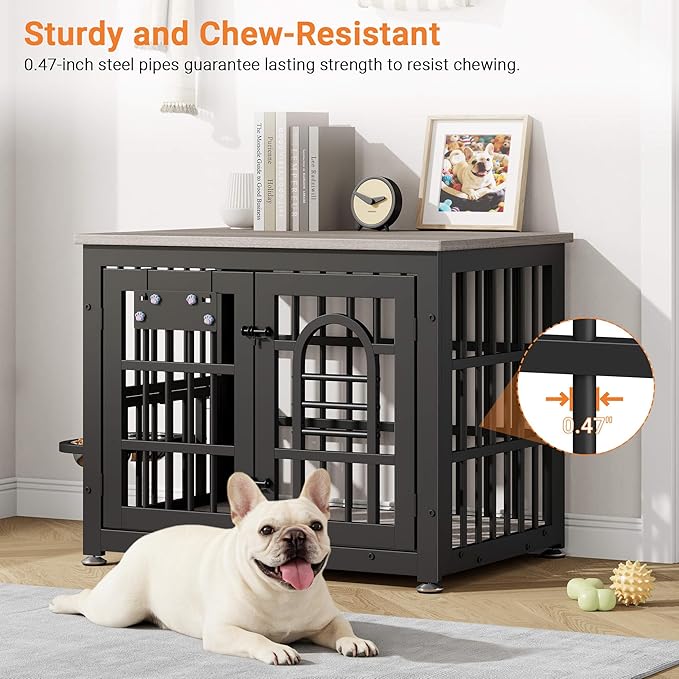 Dog Crate Furniture with Name Tag, Dog Kennel Indoor with 360° Rotating Feeder and Adjustable Heights Bowls, Wooden Decorative Pet Cage End Table for Small Dogs, Grey 31.5" L