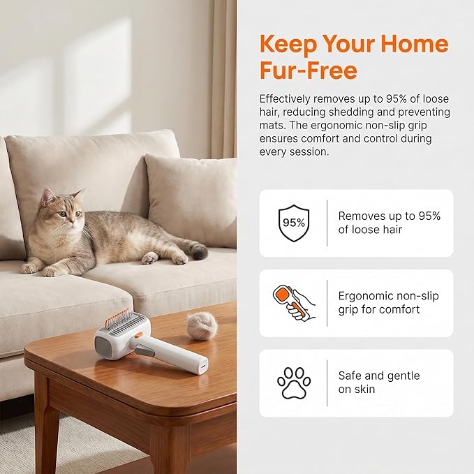 2-in-1 Pet Self-Detangling & Grooming Comb, One-Touch Dematting Brush For Long Hair Dogs. Undercoat Rake To Remove Loose Furs, Stubborn Mats Tangles, Professional Deshedding Tool Cats (1PCS)