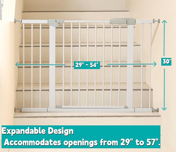 29"-57" Baby and Pet Safety Gate, 30" Tall Metal Walk-Thru Gate for Doorways & Stairs, Easy One-Hand Open, Dual Lock, Extensions & Wall Mounts Included (White, 29"-46" W x 30.5“H)