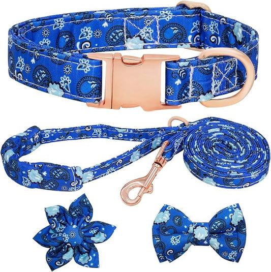 Dog Collar and Leash Set Girls Adjustable Puppy Collars with Floral Bow Tie for Small Medium Large Female Dogs, BluePaisley, M