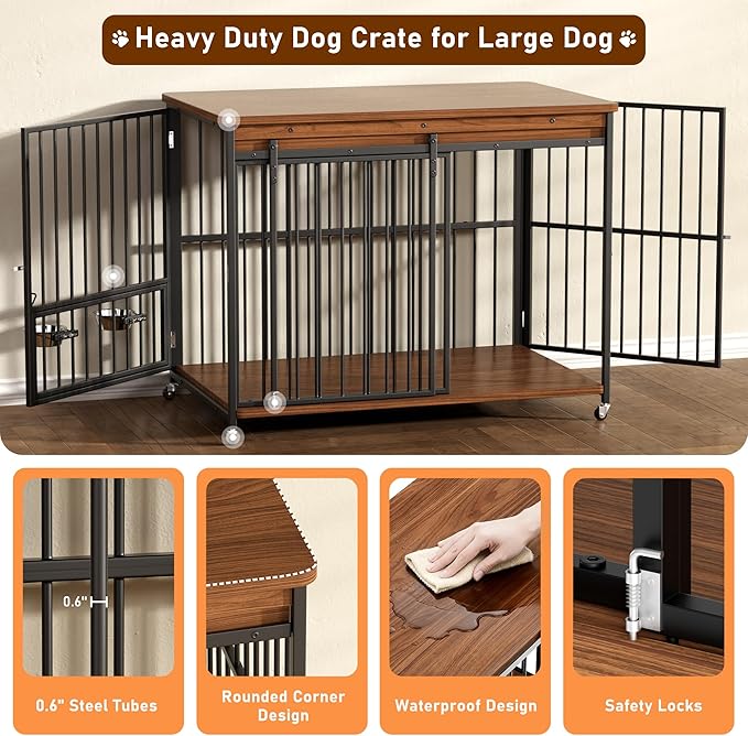 Dog Crate Furniture, 48’’ Wooden Dog Kennel Indoor with Sliding Front Door, Multi-Side Openings & Feeding Window Pet Cage House as TV Stand(Brown)