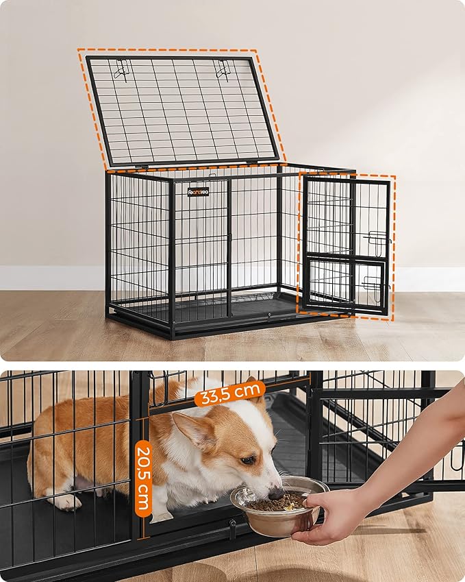 Feandrea Heavy-Duty Dog Crate, Dog Cage, 92.5 x 57.5 x 64 cm, for Small and Medium Dogs, Anti-Escape, Double Removable Door, Easy Cleaning, Pet Cage, L, Black PPD002B01