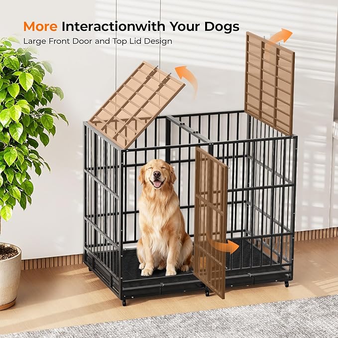 54 inch Heavy Duty Dog Crate with Dual Doors and Lockable Wheels, Large Dog Kennel Indoor, Removable Tray for Easy Cleaning, Dog Cage for Medium to Large Breeds and Anxious Dogs