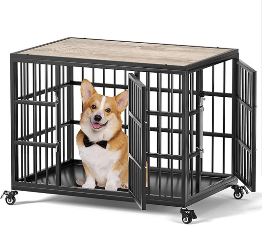 VERIFURTY 30 Inch Heavy Duty Dog Crate Furniture with Self-Locking Latch for Medium and Small Dogs, Escape-Proof Dog Kennel Furniture Indoor, Decorative Pet Cage End Table, Grey