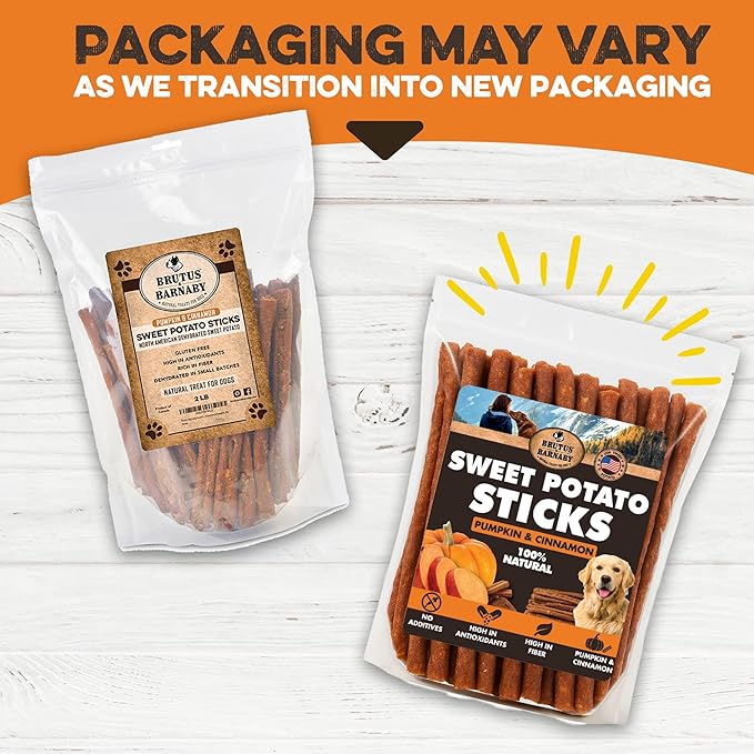 BRUTUS & BARNABY USA Sweet Potato Dog Treats - Grain Free, Cinnamon Pumpkin Crunchy Sticks are Great Tasting, Promotes Positive Dog Gut Health with Natural Anti-Diarrhea Properties,(2lb Bag)