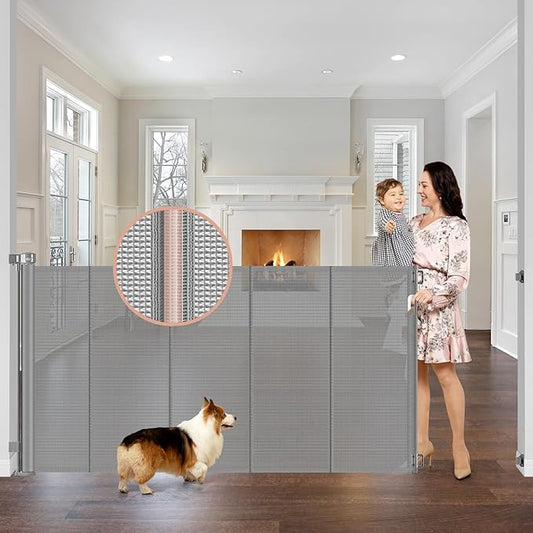 Reinforced 42" Extra Tall x 75" Wide Retractable Baby Gates with Support Rods - Prevent Crawling Under Extra Tall Pet Gate Indoor Mesh Baby Gates for Dogs Outdoor Retractable Gate, Gray