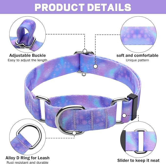 Hikiko Martingale Collar for Dogs with No Buckle Purple Gradient Training Dog Collars for Small Dogs,Tie Dye,S