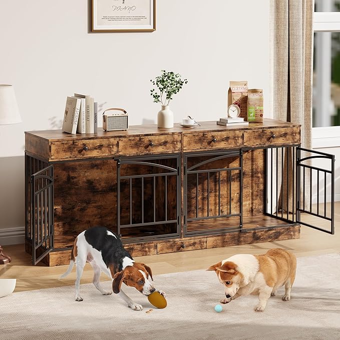 IDEALHOUSE 78.7" Double Dog Crate Furniture with Storage and 4 Doors, Dog Kennel Indoor with Feeding Bowls, Wood Dog Crate TV Stand for Small Medium Dogs, Brown