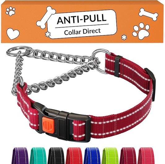 CollarDirect Martingale Dog Collar with Stainless Steel Chain and Quick Release Buckle - Reflective Collar for Large, Medium, Small Dogs - Dark Red, Large (Neck Size 17"-22")