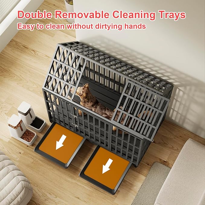 52 Inch Heavy Duty Dog Crate with Wheels, Indestructible Escape-Proof Dog Kennel with Reinforce Locks and Double Door, Extra Large XL XXL Cage Indoor for Large Giant Dog with Removable Tray