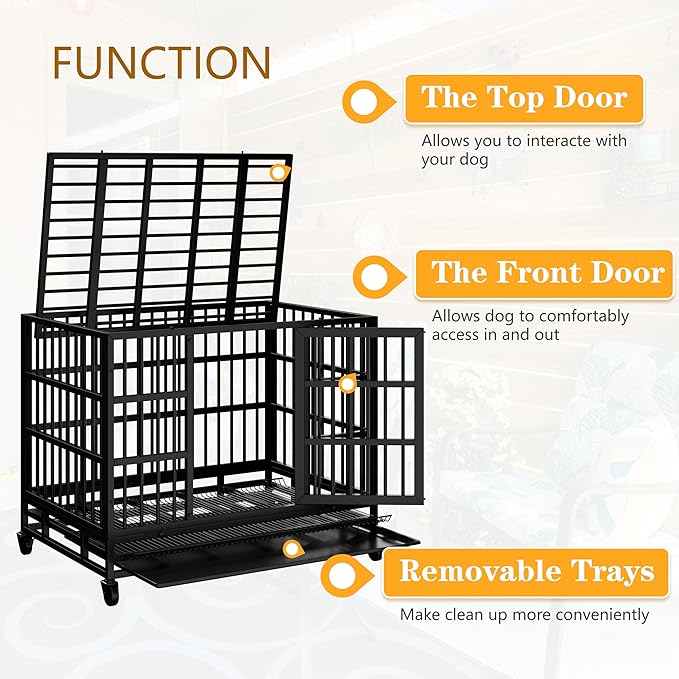JY QAQA 48/38 Inch Heavy Duty Indestructible Dog Crate Double Doors Escape Proof Cage Kennel,Enhanced Metal Pet Cage,Extra Large XL XXL Crate Indoor for Large Dog with Removable Tray,Lockable Wheels