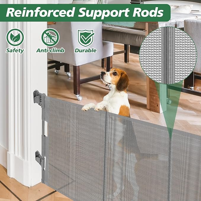 Reinforced 24 Inch Tall Retractable Baby Gates, Short Dog Gates to Step Over, Expands 0-55 Inches Wide, Mesh Pet Gate with Support Rods, Small Puppy Gates for The House, Gray