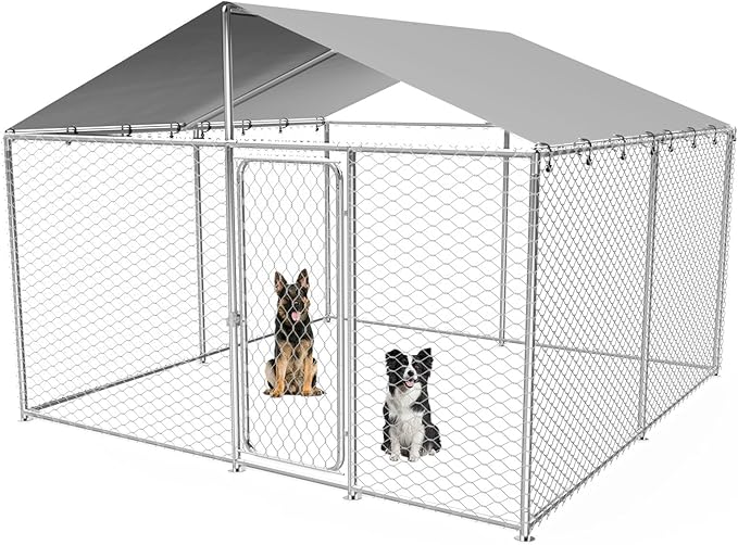 10x10 FT Outdoor Dog Kennel Heavy Duty Steel Dog House with Waterproof Roof, Secure Lock & UV Resistant Large Dog Cage for Garden, Patio, Backyard