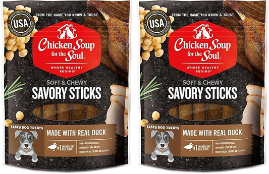 Chicken Soup for the Soul All Natural Premium Savory Sticks Soft & Chewy Dog Treats, Duck, 4.5 oz, Real Duck First Ingredient, No by Products, Artificial Colors, Flavors or Preservatives (Pack of 2)