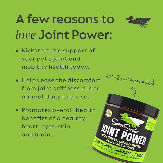 Super Snouts Joint Power – 5.29oz Powder – Joint Supplement for Dogs and Cats with 100% Green Lipped Mussel Helps Ease Discomfort & Stiffness– Made in The USA