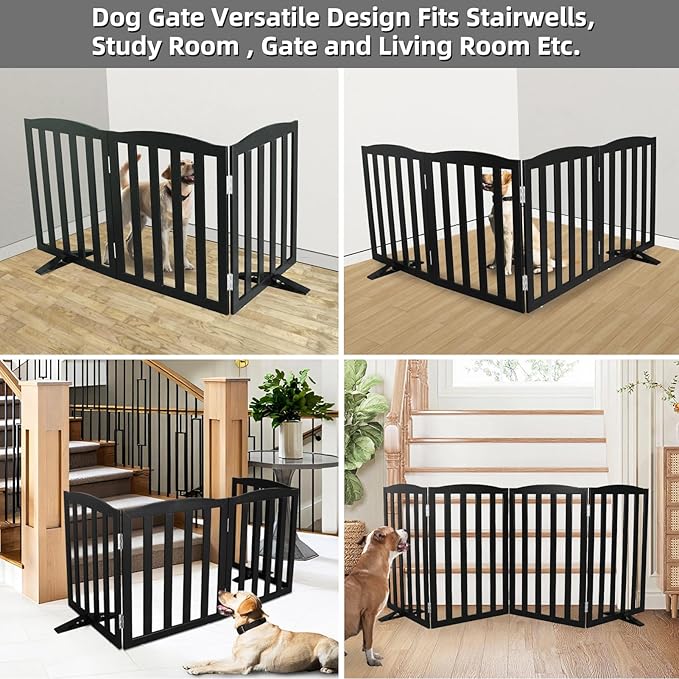 Freestanding Dog Gate Indoor,Doggie Gate Foldable Pet Gates for Doorways,Stairs or Hallways, Wooden Black Pet Gate for the House, Pet Fence with Support Feet Included,24 "Height-3 Panels