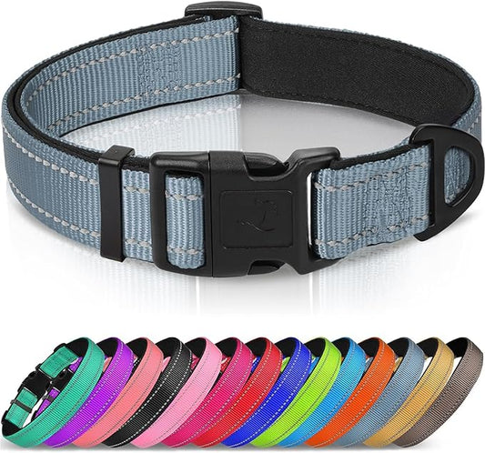 Joytale Reflective Dog Collar, Soft Neoprene Padded, Metal D-Ring, Nylon Pet Collar Adjustable for Puppy and Small Dogs, Gray, XS