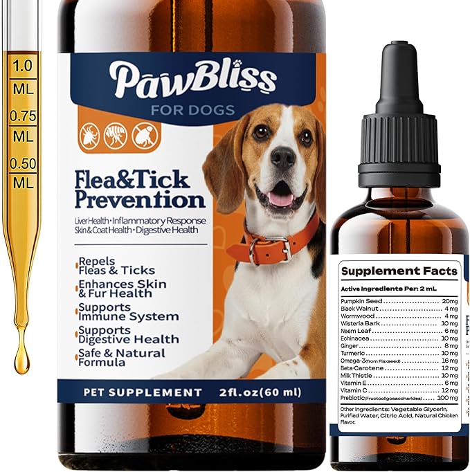 Flea and Tick Prevention for Dogs, Pets Oral Natural Supplement Drops with Multivitamin Care for All Breeds