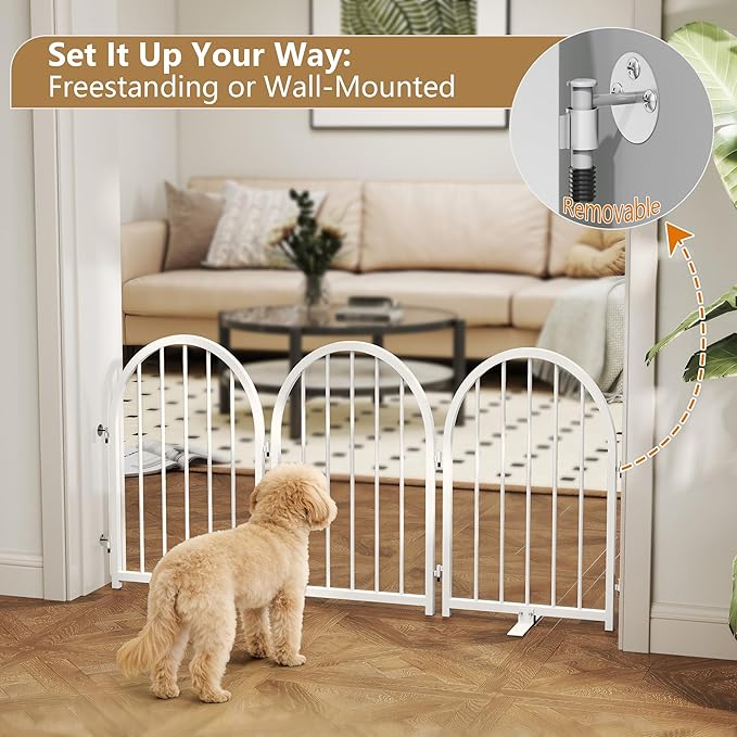 Full Metal Dog Gate with Door for Indoor Outdoor, 24" Tall Free Standing Pet Dog Fence, 108" Extra Wide Pet Gates for Stairs, Hallways, Doorways, Kitchen, Decks, Yards (White, 6 Panels)