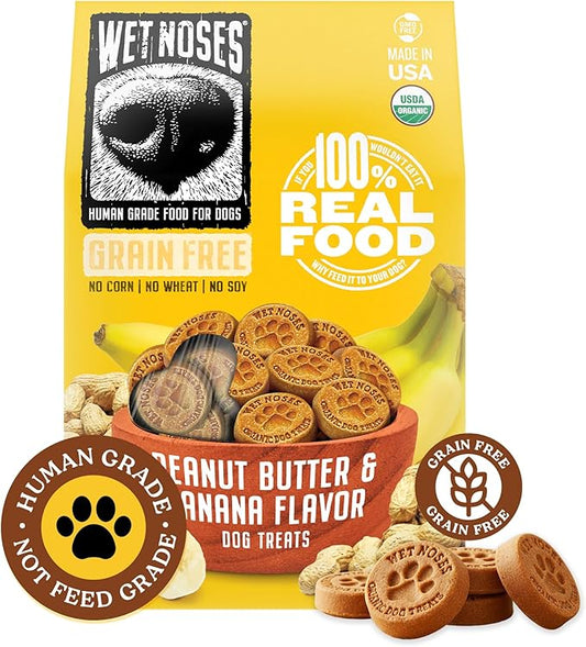 Wet Noses Organic Crunchy Dog Treats Grain Free – All-Natural, Human-Grade, Non-GMO, Healthy Training & Delicious Snacks for Dogs, All Dog Sizes & Breeds – Peanut Butter & Banana, 14oz (Single Pack)