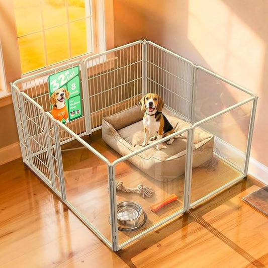 FXW AuraSpace Pro Acrylic & Wire Mesh Indoor Dog Playpen, 32" Height 8 Panels Metal Dog Pen for Small and Medium Dogs, White│Patented