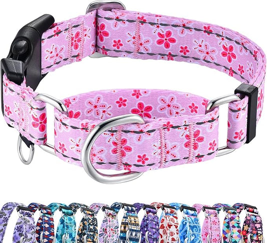Reflective Martingale Collar for Dogs with Quick Release Buckle Cute Girl Female Flower Dog Collars (Pink Floral, XSmall)