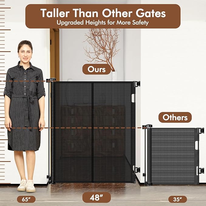 Reinforced 48" Extra Tall Pet Gate with Support Rods, 4 Ft Tall Retractable Baby Gates for Doorways 55" Wide Mesh Dog Gate Indoor Outdoor - Prevent Baby/Pet from Jumping Over, Black
