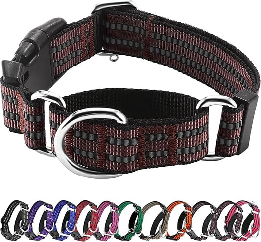 Hikiko Martingale Dog Collars Reflective Nylon Dog Collar with Quick Release Buckle Adjustable Training No Slip Dog Collar (Medium, Coffee Brown)