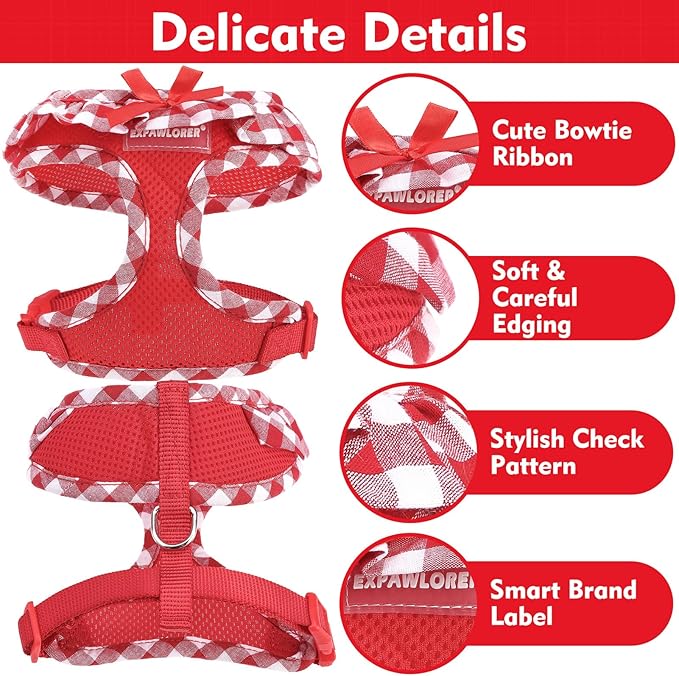 EXPAWLORER Cute Dog Harness Collar Leash Set - Red Girl Dog Harness Checkered Step-in Design, Detachable Bow Pet Collar, Adjustable No-Choke Lightweight Mesh Vest for Small Medium Dogs, M