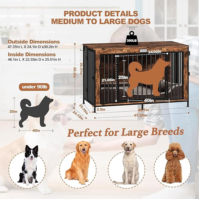 XL Dog Crate Furniture 48'' | Extra Large Heavy Duty Anti-Chew Dog Kennel | Rustic Wooden Entertainment Center & TV Stand with 350LB Top Capacity | Escape Proof Double Door Pet House