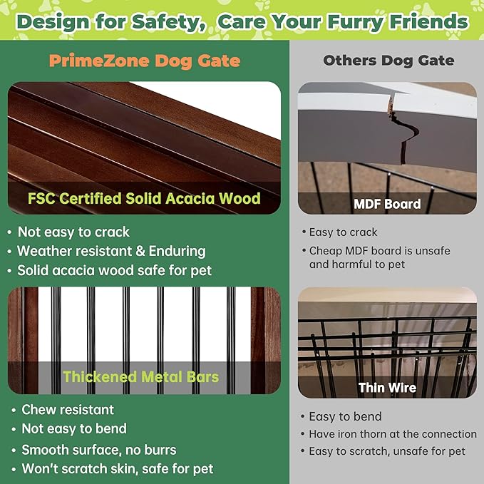 PrimeZone 144" Extra Wide Dog Gate - 6-Panel 30" Tall Solid Acacia Wooden Freestanding Puppy Gates with Door, Foldable Indoor Pet Fence for Doorways, Stairs, Support Feet Included, Brown