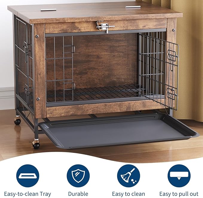 Double-Door Pet Crate Furniture, 26 Inch Indoor Dog House, Heavy Duty Wooden Kennel Side Table with Rustic Brown Finish, Chew-Resistant Dog Cage for Small Medium Dogs, Decorative End Table for Bedroom