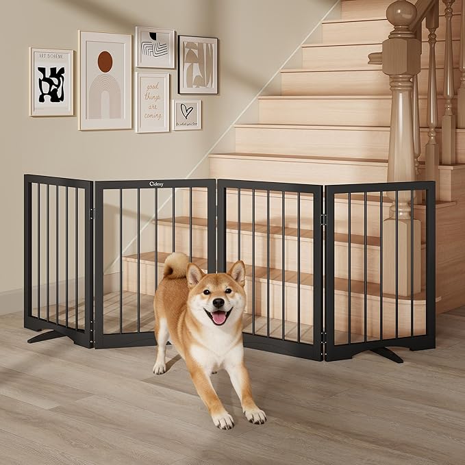 Free Standing Dog Gate Indoor, Foldable Dog Gate for Doorways Stairs Hallways,4-Panel Freestanding Pet Gate with Support Feet for Stability, Folding Puppy Gate Easy to Move, Doggy Gate 72"x24"