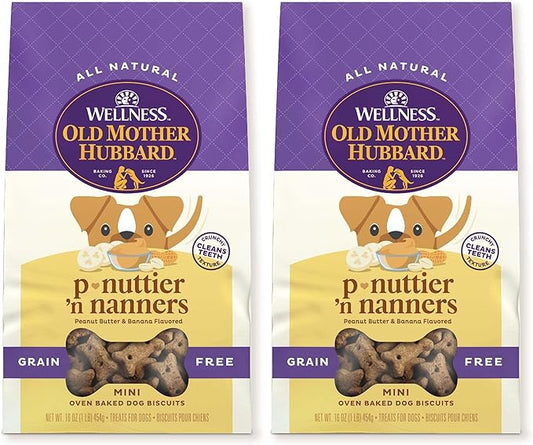 Old Mother Hubbard Wellness P-Nuttier 'N Nanners Dog Biscuits, Natural, Training Treats, Peanut Butter & Banana Flavor, Mini Size, (1 Pound Bag) (Pack of 2)