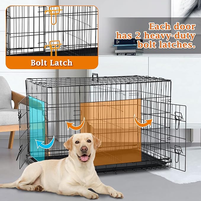 48 Inch Large Dog Crate Dog Kennel Cage Metal Wire Crates Pet Cages Double-Door Foldable Kennels with Handle and Plastic Tray Indoor&Outdoor,Black XXL