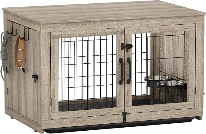 Piskyet Wooden Dog Crate Furniture with 360°Rotatable Removable Dog Bowls, Dog Crate End Table with Tray(L:37.7" L*25.1" W*26.1" H, Gray)