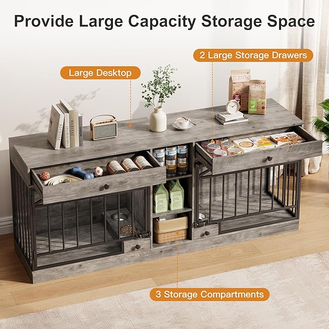 IDEALHOUSE 78.7" Double Dog Crate Furniture with Storage and 2 Doors, Dog Kennel Indoor with Feeding Bowls, Wood Dog Crate TV Stand for Small Medium Dogs, Grey