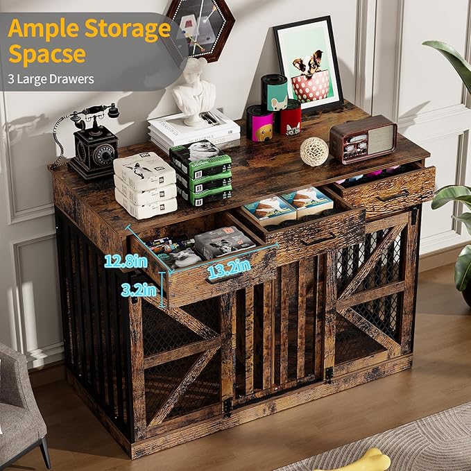 48'' Dog Crate Furniture with Divider&Storage Drawers, Wooden Double Dog Kennel Furniture End Table with Sliding Barn Doors, White Double Dog Crate TV Stand