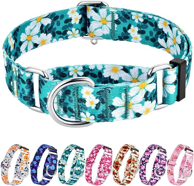 Hikiko Martingale Collar for Dogs with No Buckle Floral Daisy Dog Collar Soft Nylon No Pull Dog Collars for Medium Dogs,Green Flower,M
