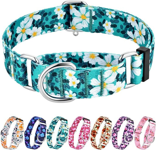 Hikiko Martingale Collar for Dogs with No Buckle Floral Daisy Dog Collar Soft Nylon No Pull Dog Collars for Medium Dogs,Green Flower,M