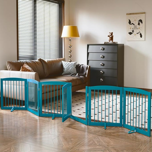 Freestanding Pet Gates with Walk Through Door, Dog Indoor Fence, Dog Gate for The House, Doorway, Stairs, Extra Wide Pet Gate, Support Feet Included, 120 Inch Wide, 6 Panels 24" Tall, Blue