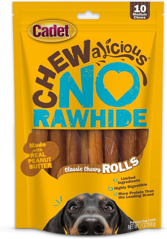 Cadet Chewalicious Classic Chewy Rolls with Real Peanut Butter, Rawhide-Free Healthy Dog Chews, Limited-Ingredient & Long-Lasting Chew Treats for Dogs, Peanut Butter Flavor, 10 Count
