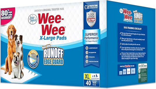 Four Paws Wee-Wee Superior Performance Pee Pads for Dogs with Runoff Barrier Edge Guard Protection, Puppy & Dog Potty Training Pads, Housebreaking Supplies, 28" x 34" (6 Count)