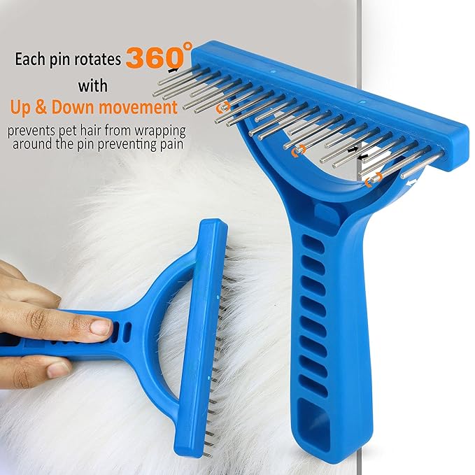 The Untangler Rakes for Grooming and Shedding -silky smooth rotating teeth to easily collect loose hair (Blue, Shedding)