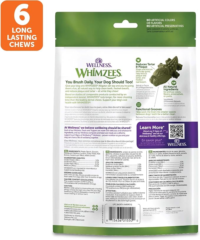 Whimzees Wellness Alligator Dog Dental Treats, Large Size, (6 Count)