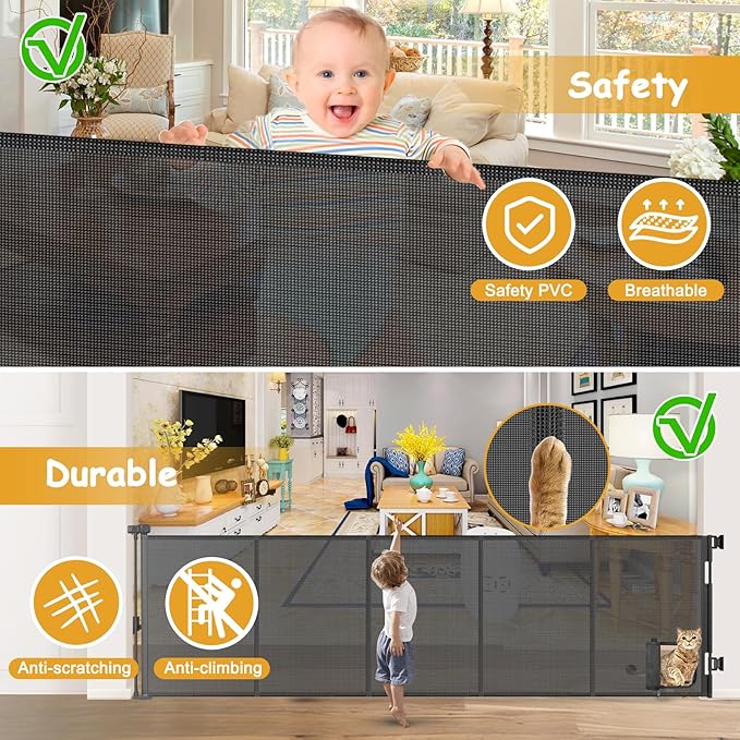 Reinforced 120 Inch Wide Retractable Baby Gates Extra Wide Pet Gate with Cat Door 10ft Extra Long Baby Gates for Large Openings 33 Inch Tall Reinforced Strips Retractable Dog Gate with Cat Door, Black